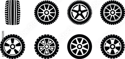 Car Tire Wheel Outline Icons Set Automotive Rim Tyre Vector Collection