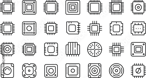 Microchip Processor Outline Icons Set CPU Circuit Technology Vector Collection