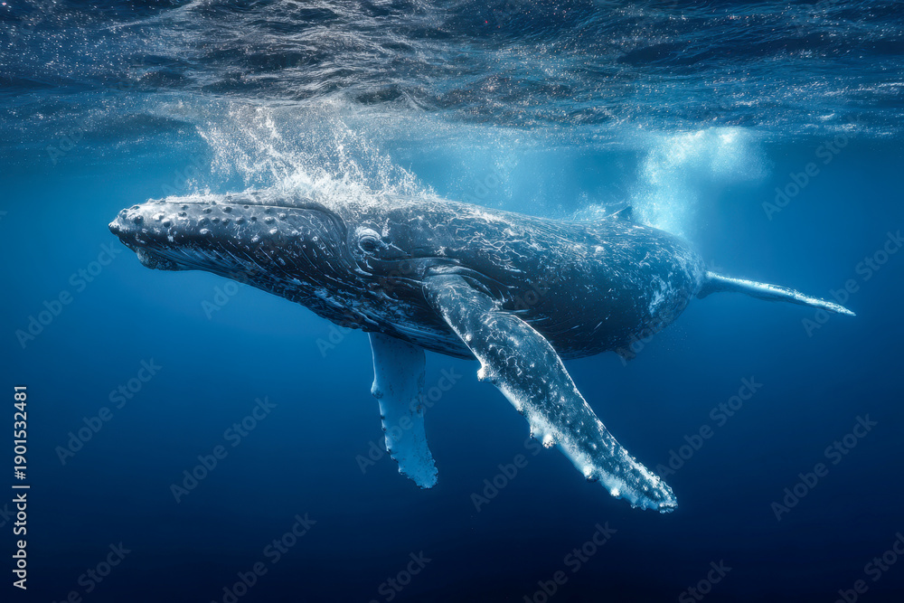 Fototapeta premium Majestic humpback whale breaching and gliding gracefully underwater in the deep blue ocean with sunlight illuminating its textured body surface