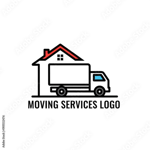 Moving services logo design with a delivery truck inside a house outline, perfect for relocation companies.
