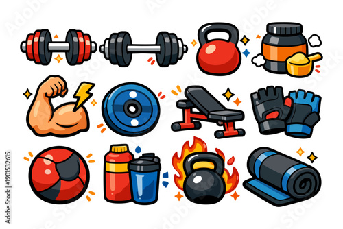Colorful gym equipment icons featuring weights, kettlebell, supplements, and exercise accessories.