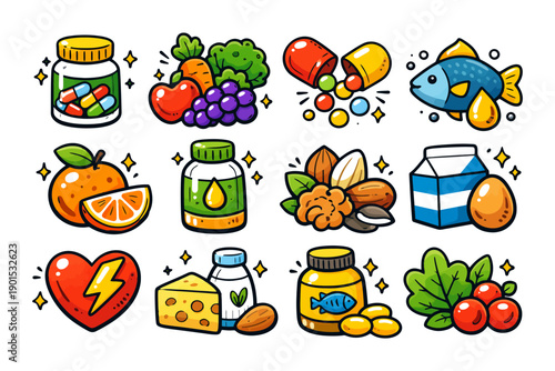 Colorful collection of healthy foods and supplements for balanced nutrition.