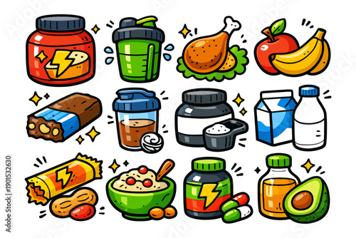 Colorful collection of fitness supplements and healthy foods.