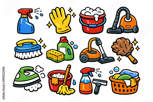 Colorful cartoon cleaning supplies with vacuum, mop, and gloves.