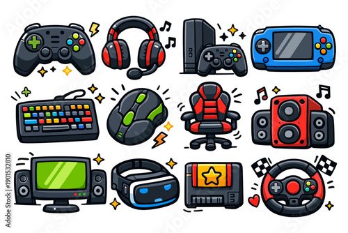 Colorful gaming devices and accessories collection with controllers and headset.