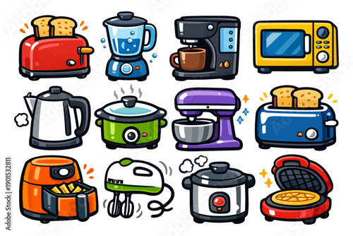 Colorful cartoon kitchen appliances collection including toaster blender coffee maker microwave.