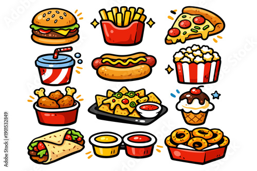 Colorful fast food icons: burger, fries, pizza, and more.