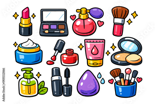 Colorful cartoon cosmetics collection featuring makeup and skincare items.