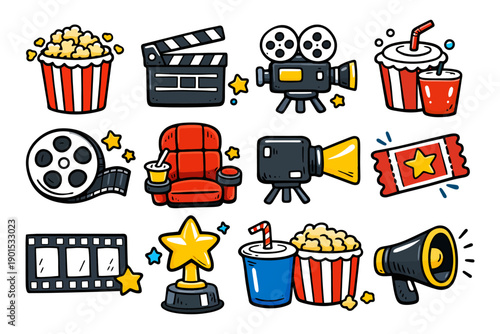 Cinema icons: popcorn, cameras, tickets, and award illustrations.