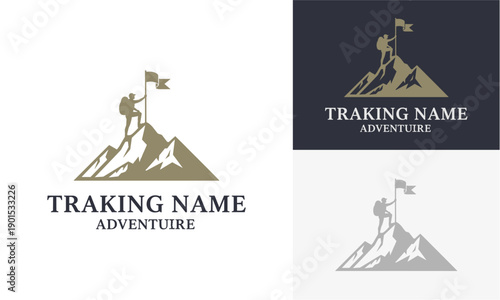 Mountain climber reaching the summit with a flag in a majestic landscape viewed from a distance