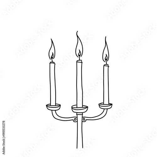 Simple line drawing of a three-armed candle holder with flames  