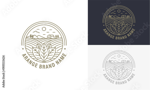 Set of minimalist logos featuring wheat and leaves in circular frames with brand name placeholders in various monochromatic color schemes