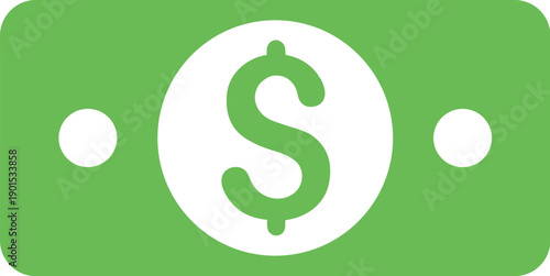 Green dollar bill cash money icon with white circles vector for apps and websites