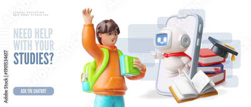 A 3D schoolchild with a backpack and books waves to a chatbot on a smartphone screen.