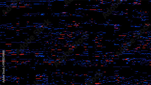 Abstract blue and red geometric pixel pattern on black background for digital error concept. Data distortion effect for video game interface.