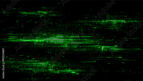 Green digital glitch background with horizontal lines and pixel pattern. Abstract modern texture perfect for technology and communication display.