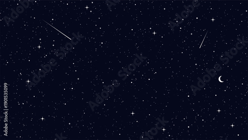Dark blue starry sky with crescent moon and shooting stars. Celestial night background for astronomy, space exploration, and cosmic themes.