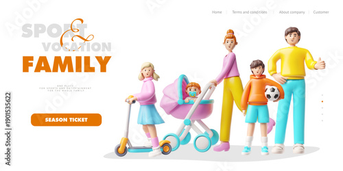 A 3D website banner featuring a family, children with a stroller, scooter, and ball.