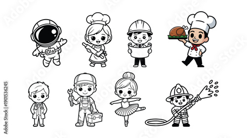 Eight cartoon characters in different professions on a white background