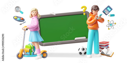 Kids near the chalkboard and school supplies 3D plastic style vector illustration, sport, education and science concept