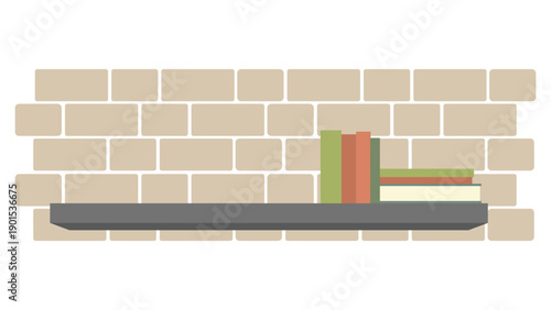 Brick wall with grey shelf and stack of books nordic style flat vector minimalism illustration