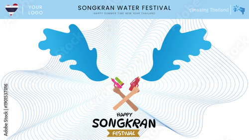 Minimal Clean Flat Design Songkran Water Festival Background Featuring Blue Splash Shapes Flowing Wave Lines Crossed Hands Water Guns and White Space for Promotion