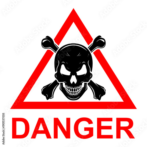 Danger sign skull and crossbones warning symbol hazard alert flat vector illustration isolated on white background caution risk area high voltage toxic poison chemical safety label.