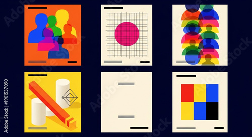 Graphic Design Concepts Blending Abstract Human Forms with Geometric Patterns and Bold Color Schemes