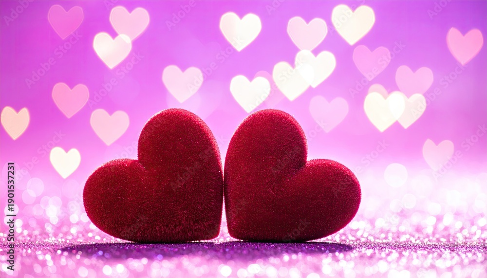 Obraz premium Two plush red hearts sit side-by-side against a bokeh of purple hearts
