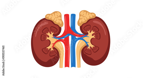 Anatomical illustration of human kidneys, renal pelvis, and ureters from a frontal viewpoint, showcasing the internal structure and blood vessels.