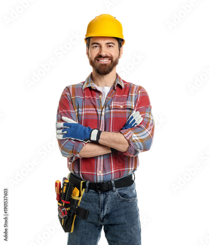 Fotografia Professional builder with hardhat and tool belt on white background