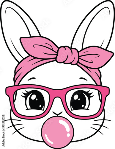 Cute Bunny Face Illustration with Glasses and Bubble Gum Kawaii Cartoon Rabbit