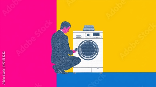 Frustrierter Hausbesitzer beschwert sich über Waschmaschinenstörung in moderner deutscher Wohnung