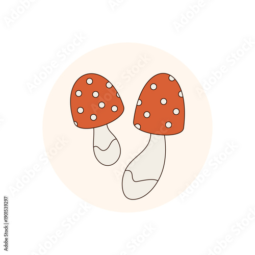 Groovy retro mushroom sticker label in flat orange style. Magic shroom emblem with y2k circle seal for lid or package accent. Funky look for box or product.