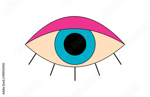 Groovy retro cartoon eye icon with bold pink shape and abstract pop style. Eye symbol as a groovy element, colorful and y2k, conveys modern vintage mood playful pop character.