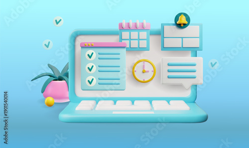 Workspace on laptop screen vector 3D plastic style, online tools for productive tasks, time management planning software