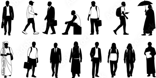 Silhouettes of diverse people in various attires isolated on white background, Vector, illustration
