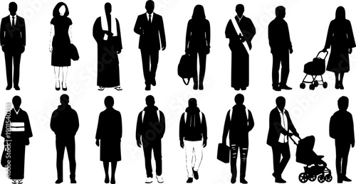 Silhouettes of diverse people in various attires isolated on white background, Vector, illustration
