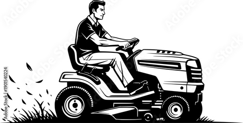 Man driving a riding lawn mower with grass clippings flying isolated on white background
