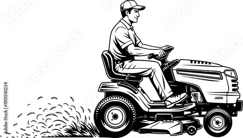 Man driving a riding lawn mower with grass clippings flying isolated on white background
