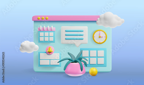 Workspace software 3D cartoon vector illustration, online tools for productive tasks, time management and planning