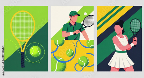 Tennis players in action with rackets and balls on a vibrant background, showcasing a dynamic sport and active lifestyle