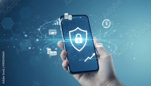 Mobile phone with digital security shield icon and network connections, concept of online protection and data privacy