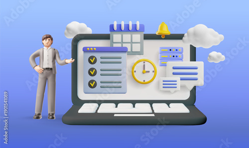 Businessman showing workspace on laptop 3D vector, online tools for productive tasks, time management planning software