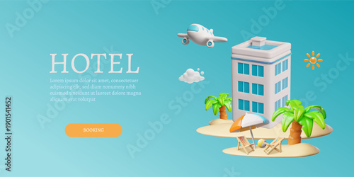 A 3D banner of a hotel on a tropical island with an airplane, palm trees, sun loungers, and sand.