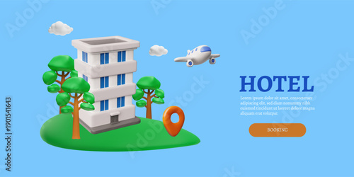 Hotel booking landing page 3D vector design, airplane, location mark and hotel building, apartment reservation service