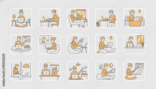 Diverse vector illustrations showing people working remotely, using laptops in various home and casual settings, highlighting modern flexible work life and digital productivity