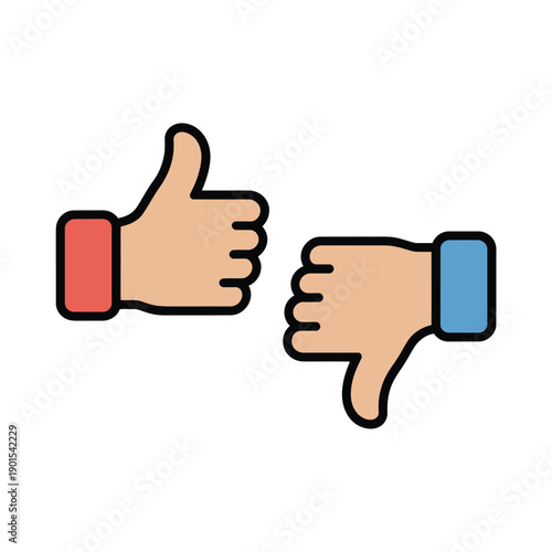 A thumbs up and thumbs down hand cartoon giving approval and disapproval against a white background