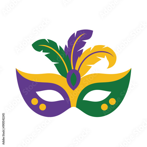 A colorful Mardi Gras mask with feathers on a white background