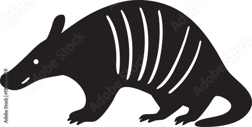 Black and white cartoon of an armadillo with stripes on shell.
